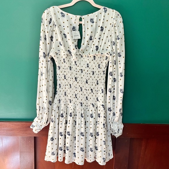 FREE PEOPLE ‘Two Faces’ White Floral Print Smocked Mini Dress Balloon Sleeve - Picture 10 of 11